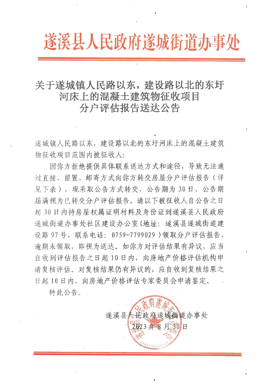 關于遂城鎮人民路以東，建設路以北的東圩河床上的混凝土建筑物征收項目分戶評估報告送達公告.bmp