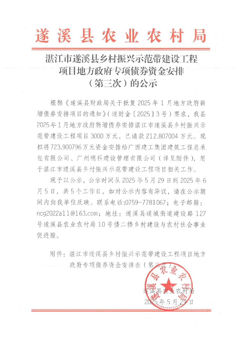 湛江市遂溪縣鄉(xiāng)村振興示范帶建設(shè)工程項(xiàng)目地方政府專項(xiàng)債券資金安排（第三次）的公示_00.png
